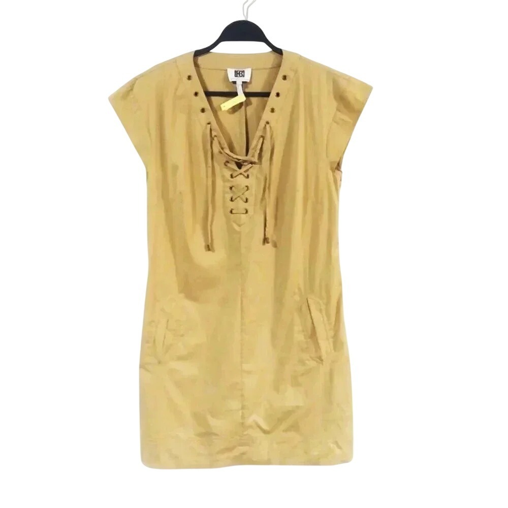 Laundry by Design Tan Khaki Lace Up Grommet V-Neck Shift Dress Size 6
